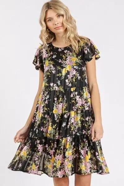 Mittoshop Flower Print Round Neck Flutter Sleeve Tiered Dress - Trendsi