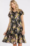 Mittoshop Flower Print Round Neck Flutter Sleeve Tiered Dress - Trendsi