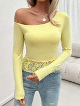 Single Shoulder Long Sleeve Lace T-Shirt - Trendsi - Flyclothing LLC