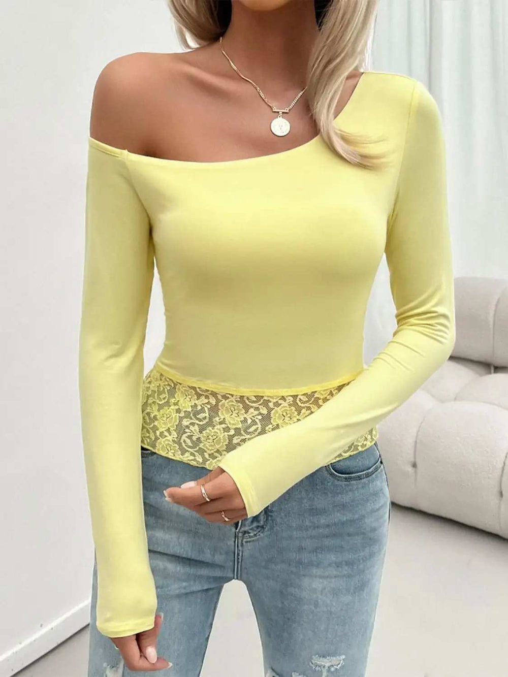 Single Shoulder Long Sleeve Lace T-Shirt - Trendsi - Flyclothing LLC