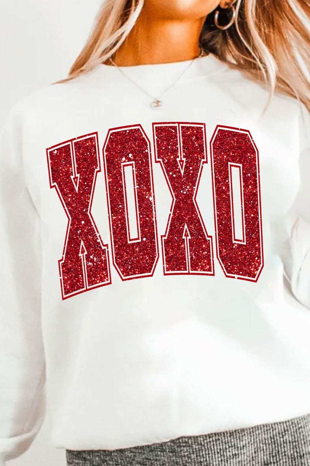 Valentine’s Day XOXO Glitter Round Neck Sweatshirt - Trendsi - Flyclothing LLC