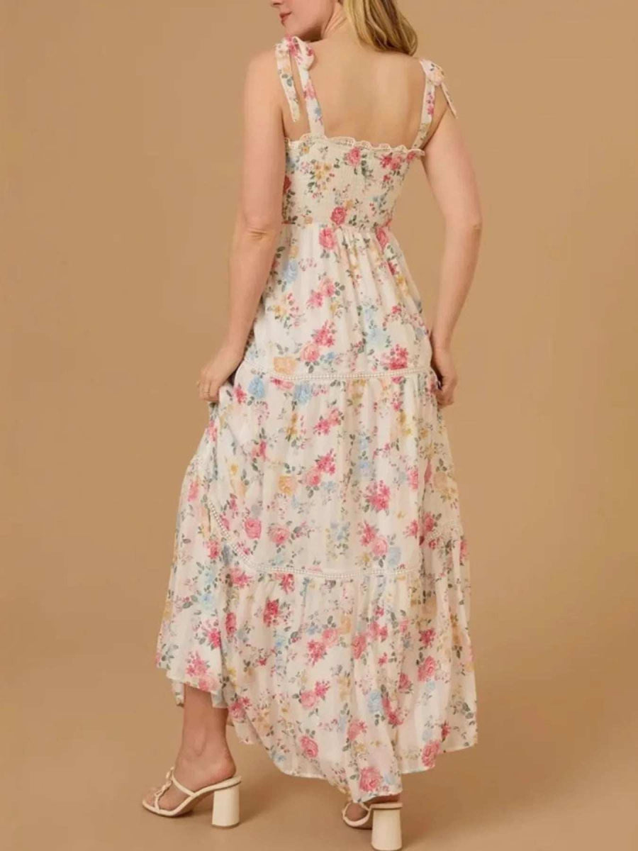 Floral Smocked Tiered Maxi Dress with Tie Straps - Trendsi - Flyclothing LLC
