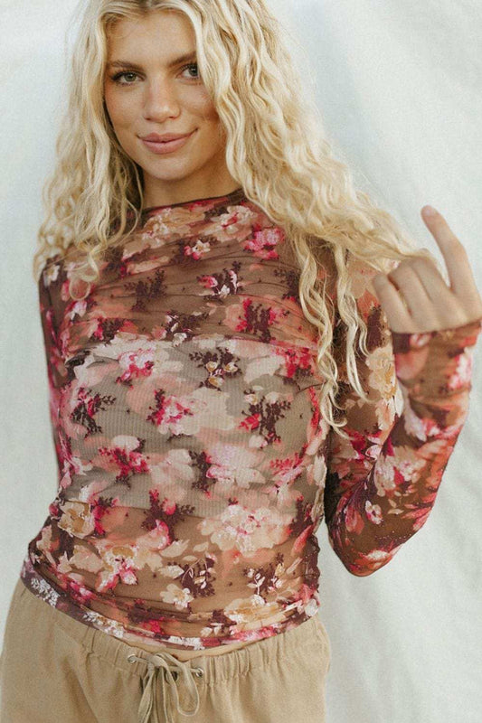 Floral Mock Neck Long Sleeve Sheer Top - Trendsi - Flyclothing LLC