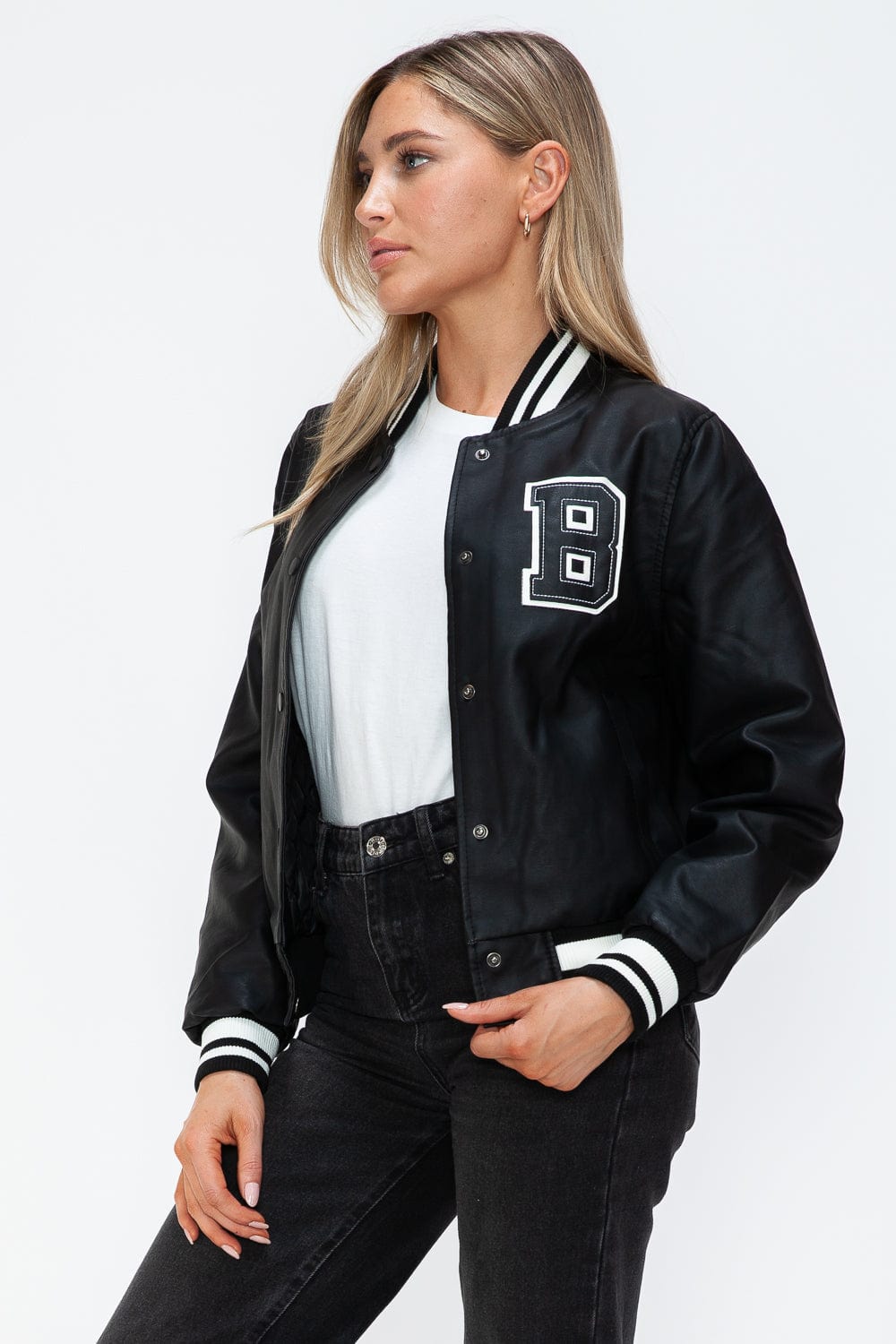 Love Me Now PU Leather Contrast Snap Down Bomber Jacket - Trendsi