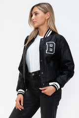 Love Me Now PU Leather Contrast Snap Down Bomber Jacket - Trendsi