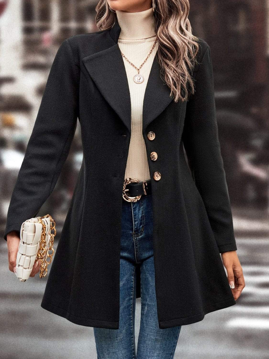 Collared Neck Long Sleeve Longline Coat - Trendsi - Flyclothing LLC