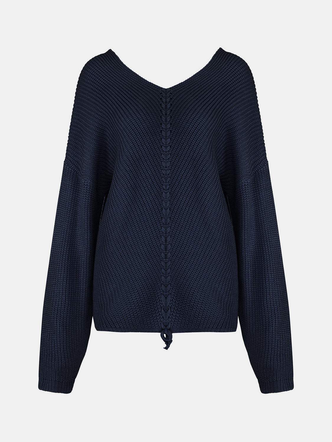 Full Size Lace Up V-Neck Long Sleeve Sweater - Trendsi - Flyclothing LLC