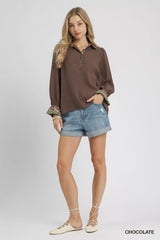 Umgee Half Button Blouse with Leopard Print Trim - Trendsi - Flyclothing LLC
