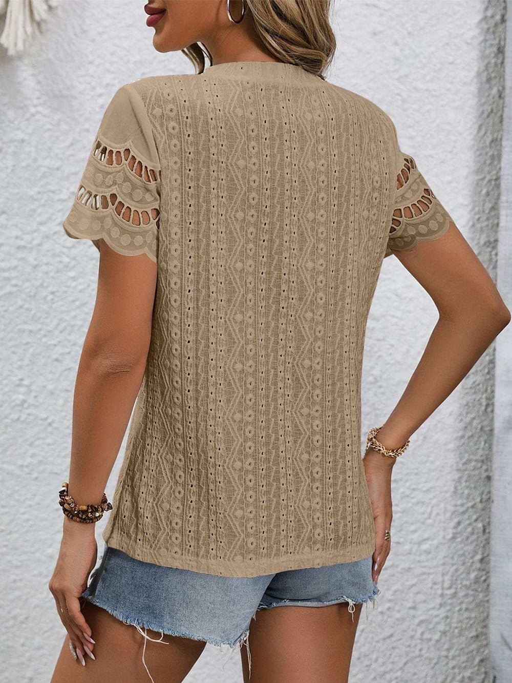 Full Size Eyelet Round Neck Short Sleeve Top - Trendsi - Flyclothing LLC
