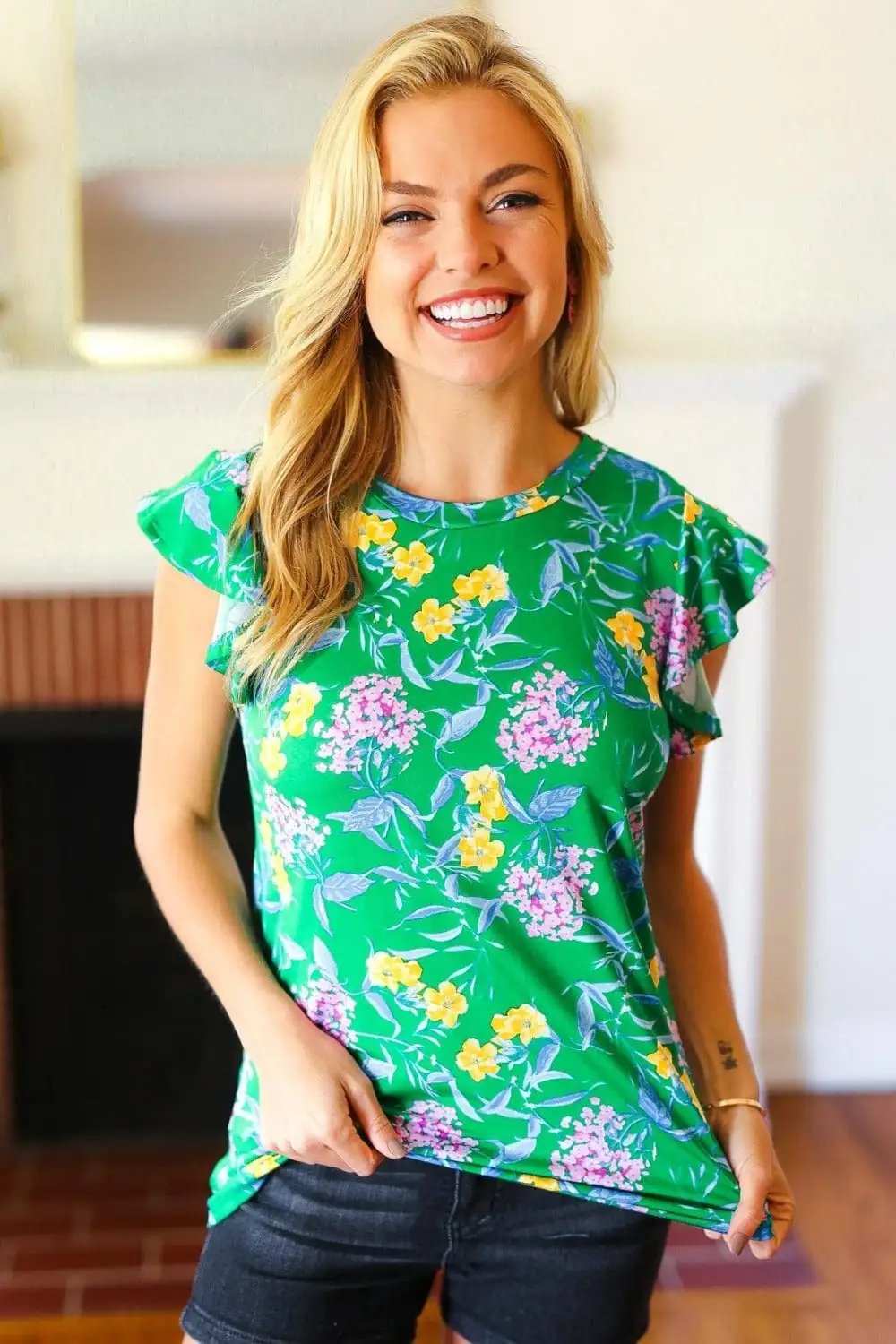 Haptics Round Neck Ruffled Floral Knit Top - Trendsi - Flyclothing LLC