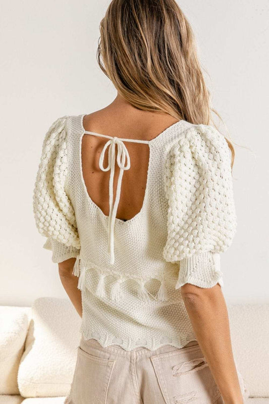 BiBi Tassel Detail Textured Square Neck Sweater - Trendsi - Flyclothing LLC
