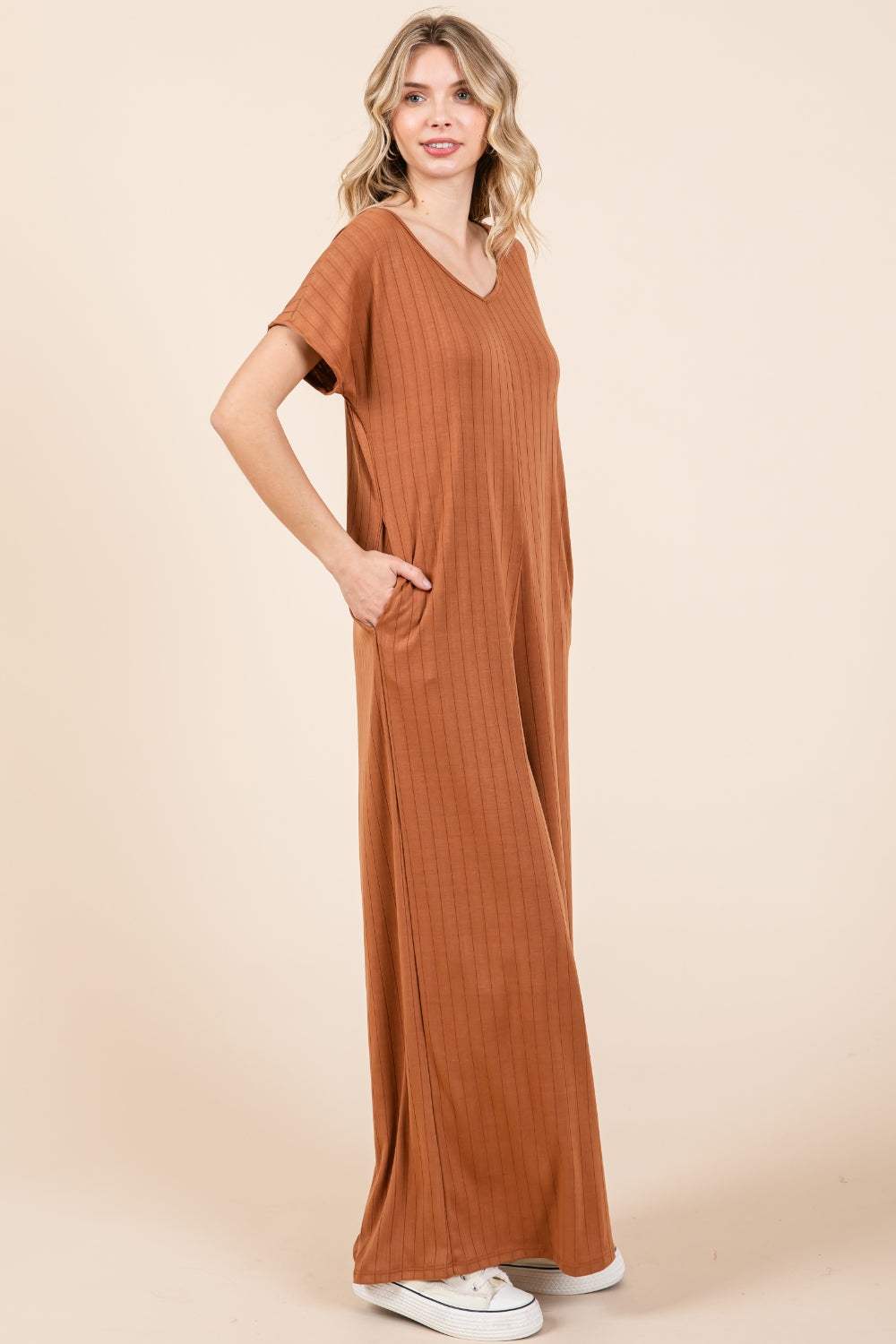 BOMBOM Ribbed Short Sleeve Wide Leg Jumpsuit - Trendsi - Flyclothing LLC
