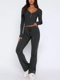 V-Neck Long Sleeve Top and Pants Set - Trendsi