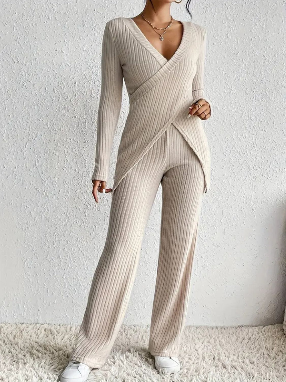 Surplice Long Sleeve Top and Pants Set - Trendsi