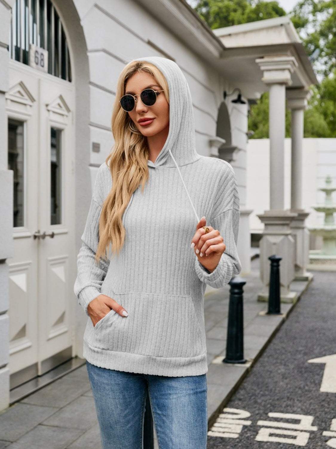 Ribbed Drawstring Long Sleeve Hoodie - Trendsi - Flyclothing LLC
