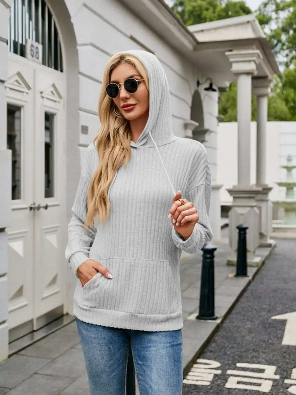 Ribbed Drawstring Long Sleeve Hoodie - Trendsi - Flyclothing LLC