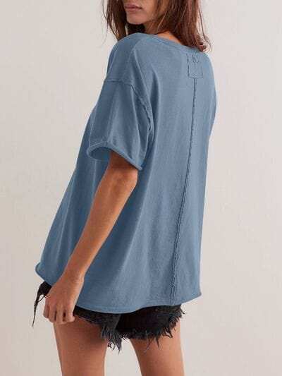Lovelet Exposed Seam Round Neck Half Sleeve T-Shirt - Trendsi - Flyclothing LLC