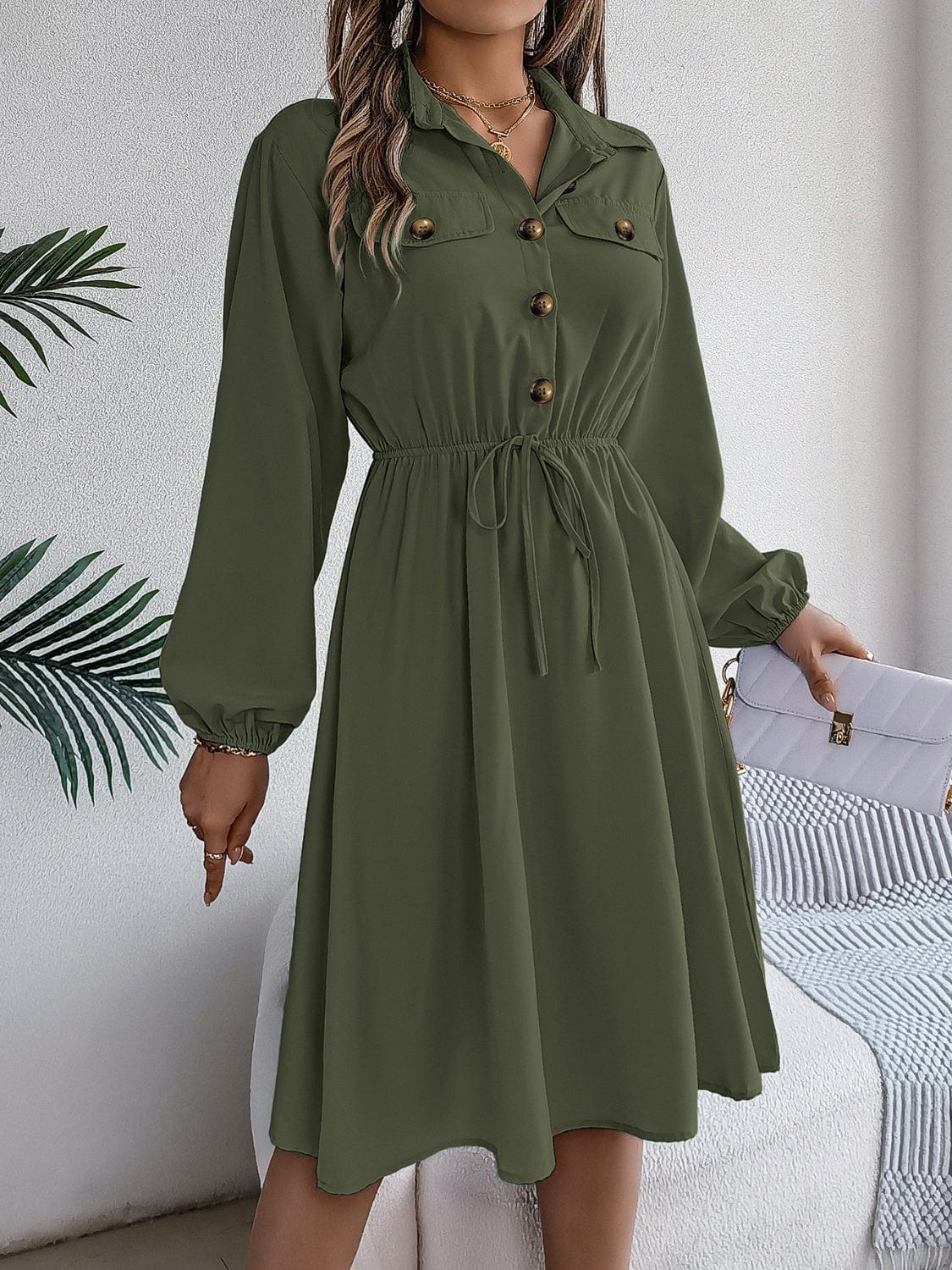 Collared Neck Long Sleeve Dress with Pockets - Trendsi