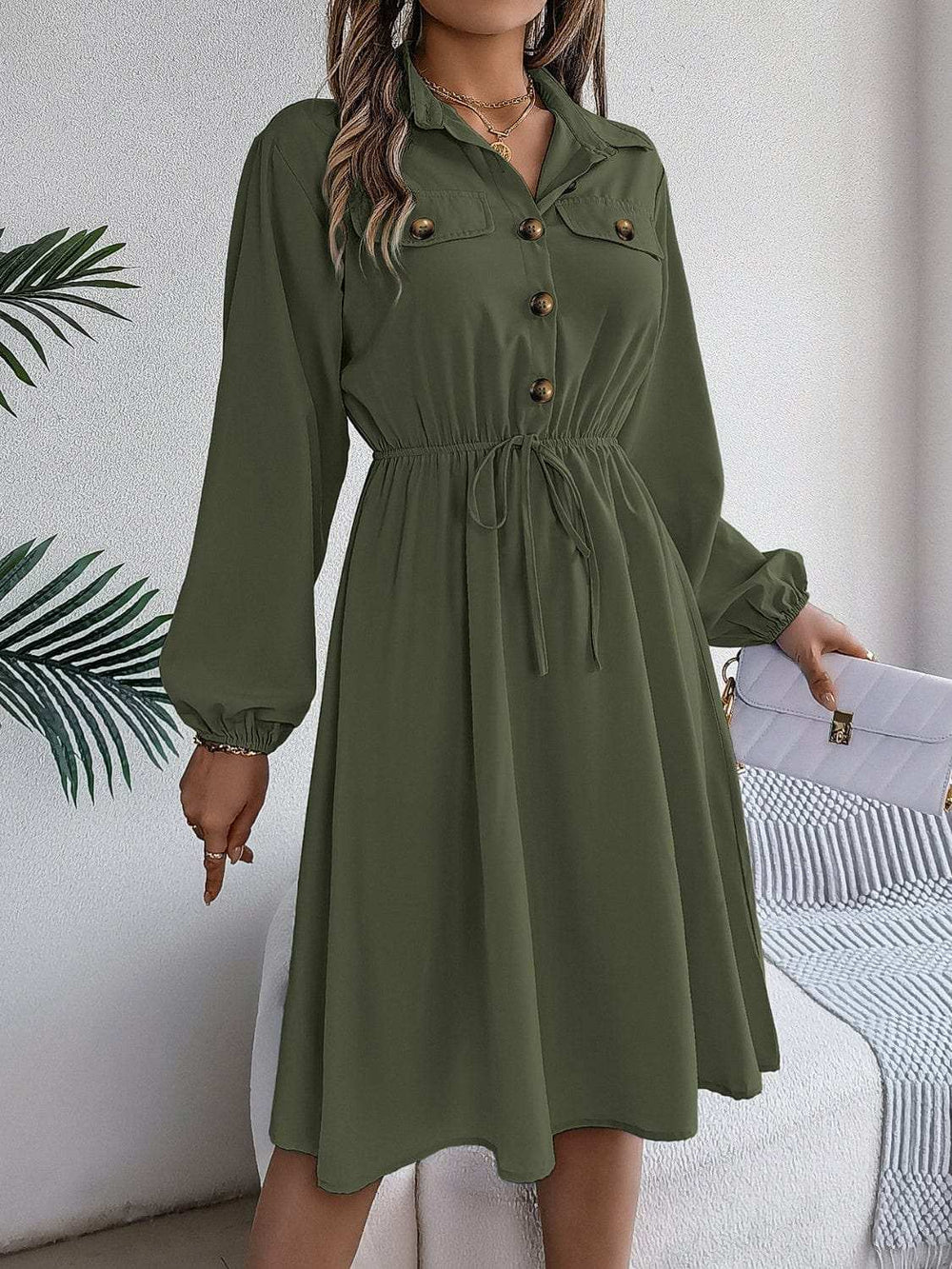 Collared Neck Long Sleeve Dress with Pockets - Trendsi - Flyclothing LLC