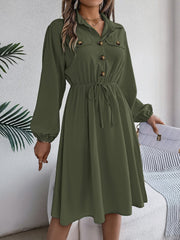 Collared Neck Long Sleeve Dress with Pockets - Trendsi