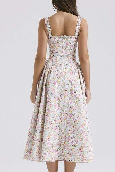Floral Square Neck Wide Strap Midi Dress - Trendsi - Flyclothing LLC