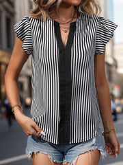 Ruffled Striped Notched Cap Sleeve Blouse - Trendsi