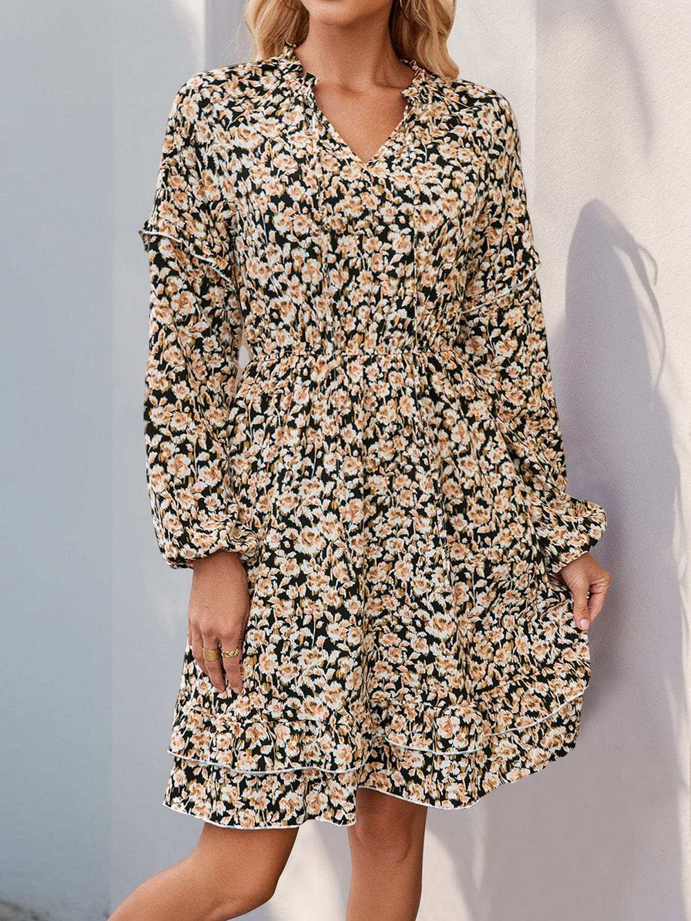 Perfee Printed Tie Neck Long Sleeve Mini Dress - Trendsi - Flyclothing LLC