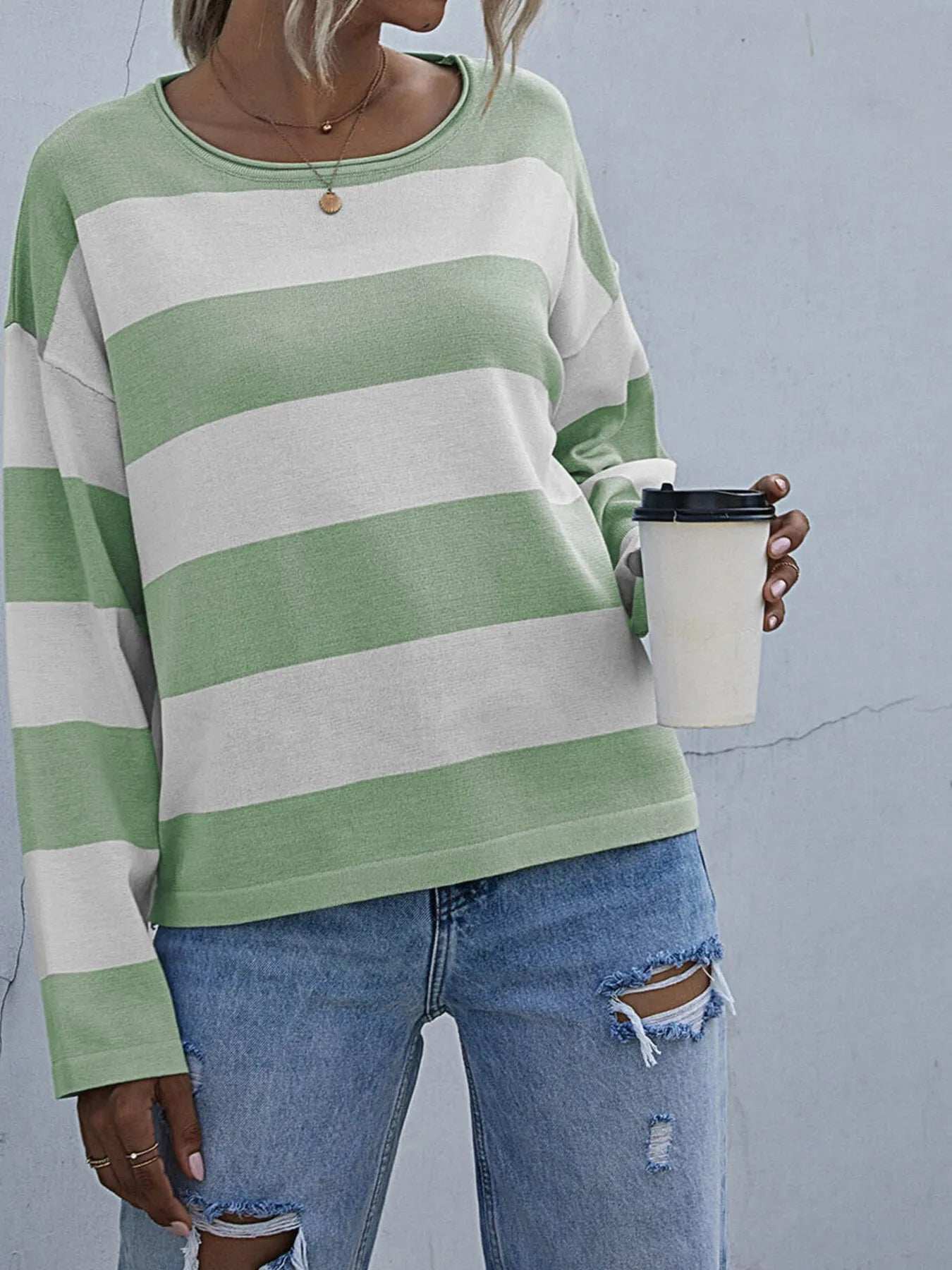 Striped Casual Long Sleeve Knit Top - Trendsi - Flyclothing LLC