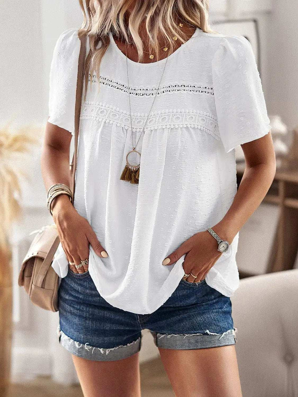 Lace Detail Round Neck Short Sleeve Blouse - Trendsi - Flyclothing LLC