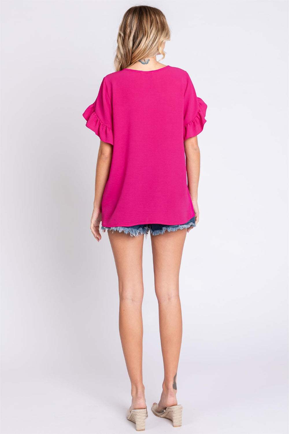 GeeGee V-Neck Ruffle Trim Short Sleeve Blouse - Trendsi - Flyclothing LLC