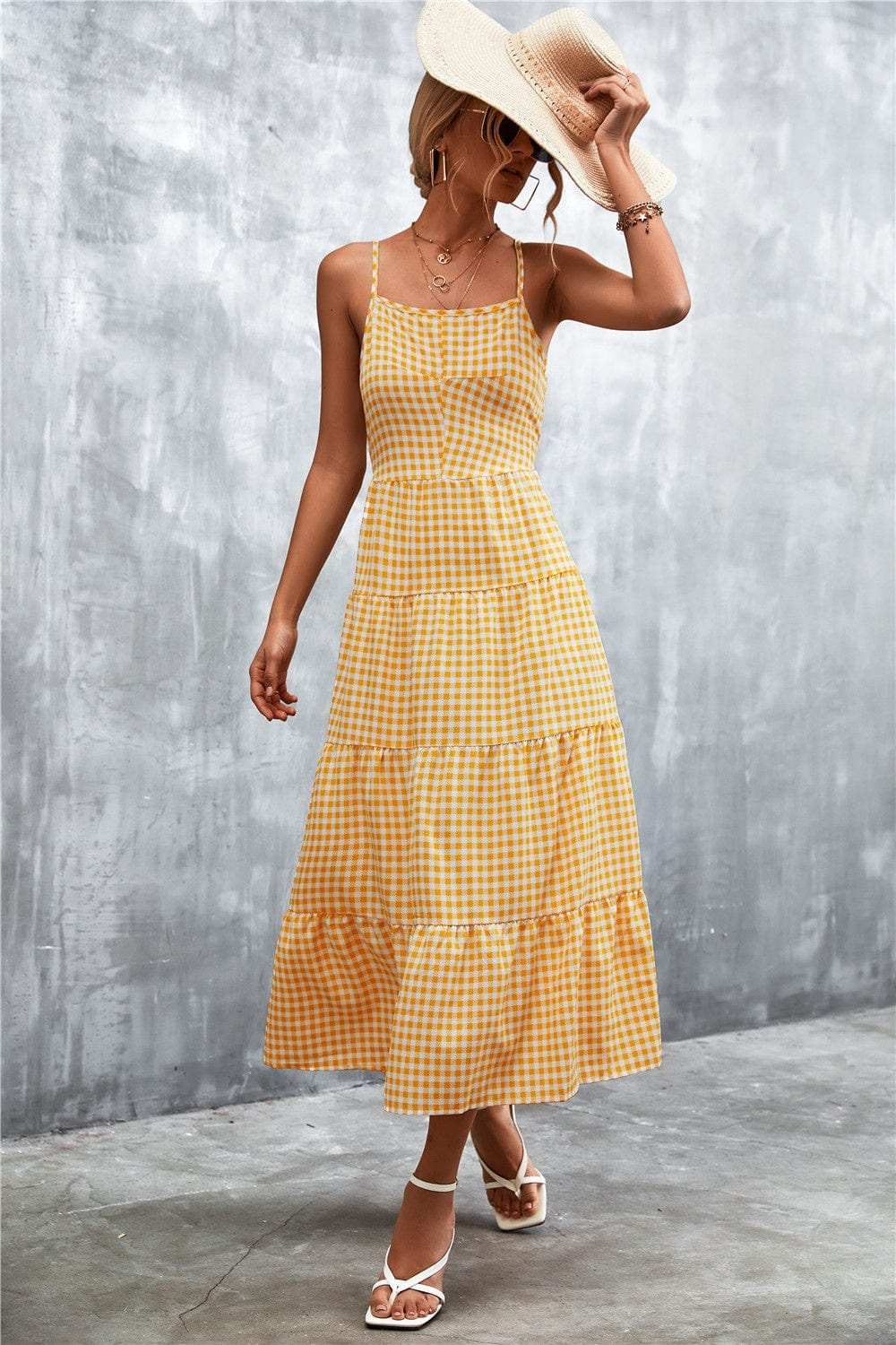 Plaid Square Neck Midi Cami Dress - Trendsi - Flyclothing LLC