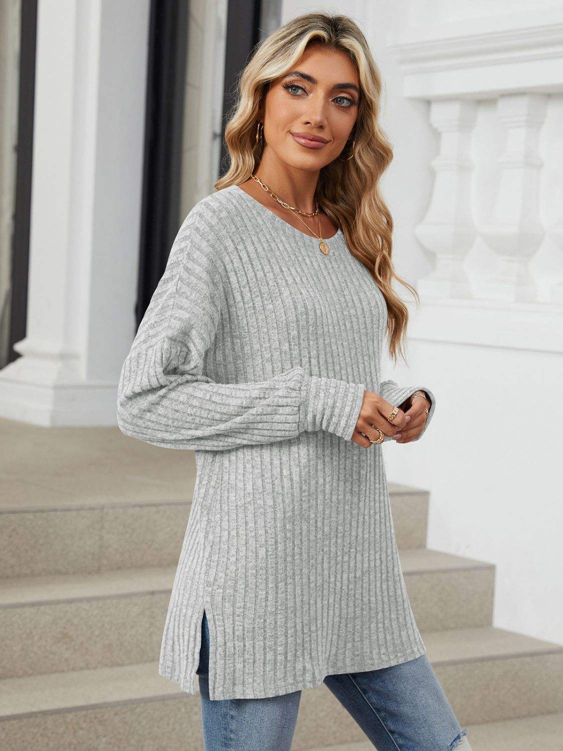 Ribbed Round Neck Long Sleeve T-Shirt - Trendsi - Flyclothing LLC