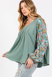 SAGE + FIG Ruched Round Neck Printed Bubble Sleeve Top - Trendsi