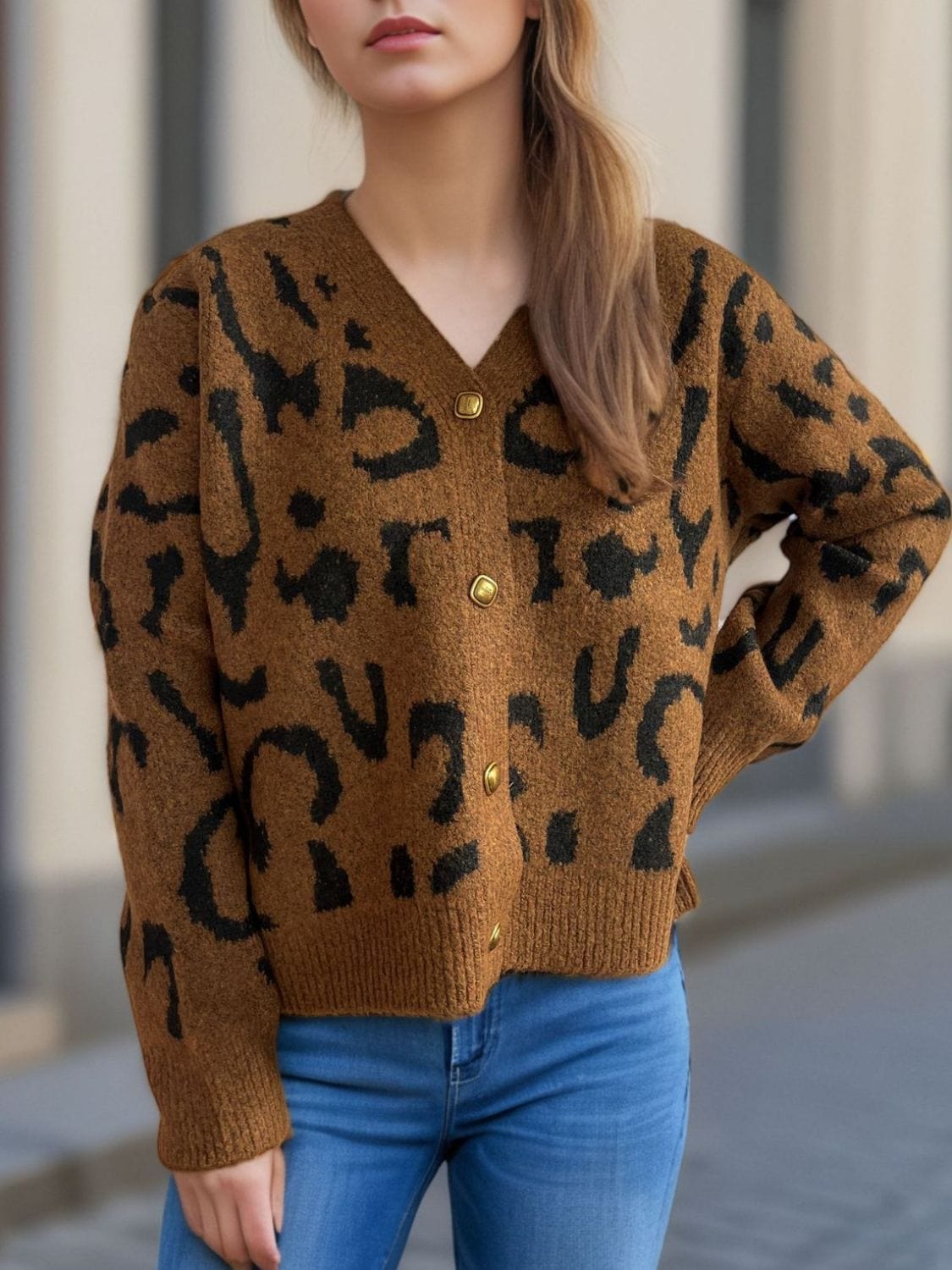 Leopard V-Neck Button Up Cardigan - Trendsi
