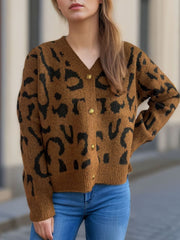 Leopard V-Neck Button Up Cardigan - Trendsi