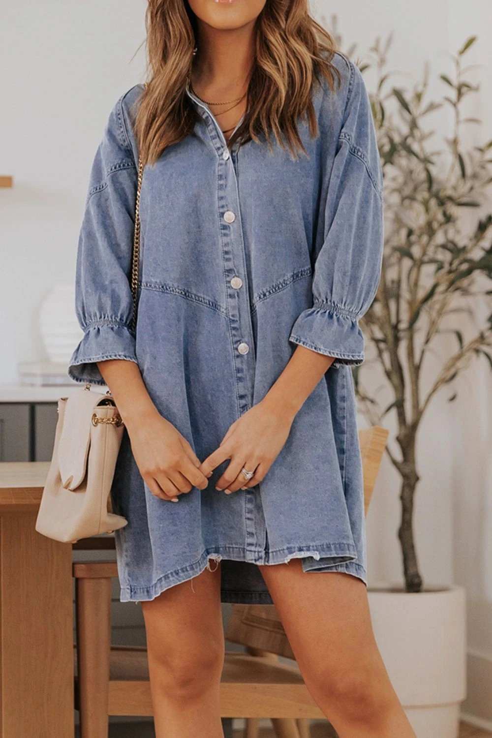 Distressed Collared Neck Flounce Sleeve Denim Dress - Trendsi - Flyclothing LLC