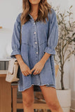 Distressed Collared Neck Flounce Sleeve Denim Dress - Trendsi