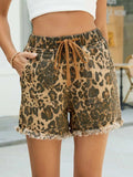 Raw Hem Drawstring Leopard Denim Shorts - Trendsi - Flyclothing LLC