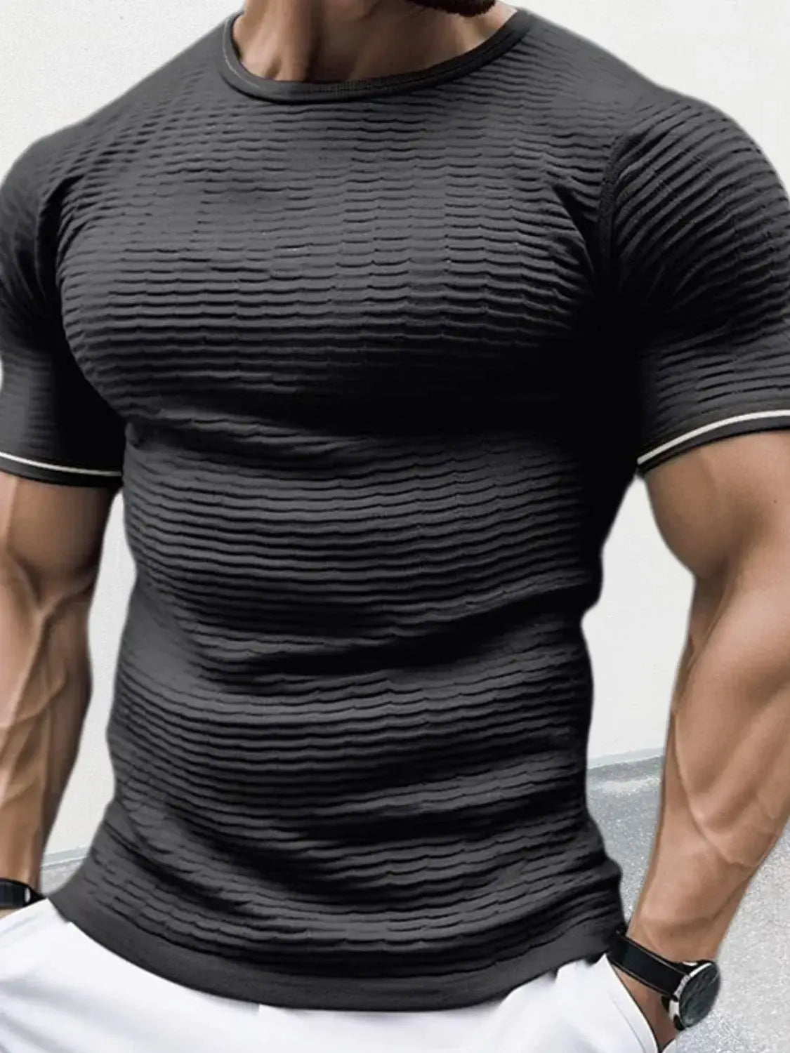 Men's Plus Size Texture Round Neck Contrast Trim T-Shirt - Trendsi - Flyclothing LLC
