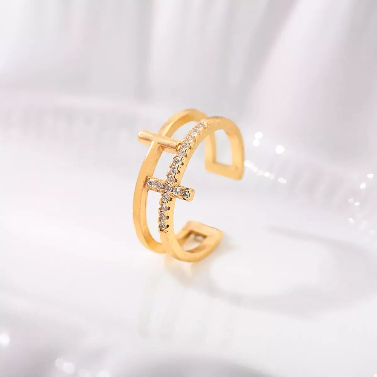 18K Gold-Plated Rhinestone Cross Open Ring - Trendsi - Flyclothing LLC
