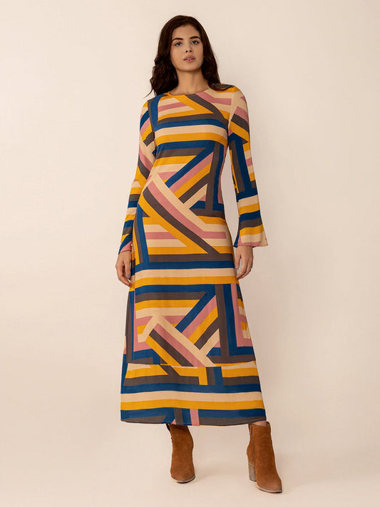 Contrast Round Neck Flare Sleeve Midi Dress - Trendsi
