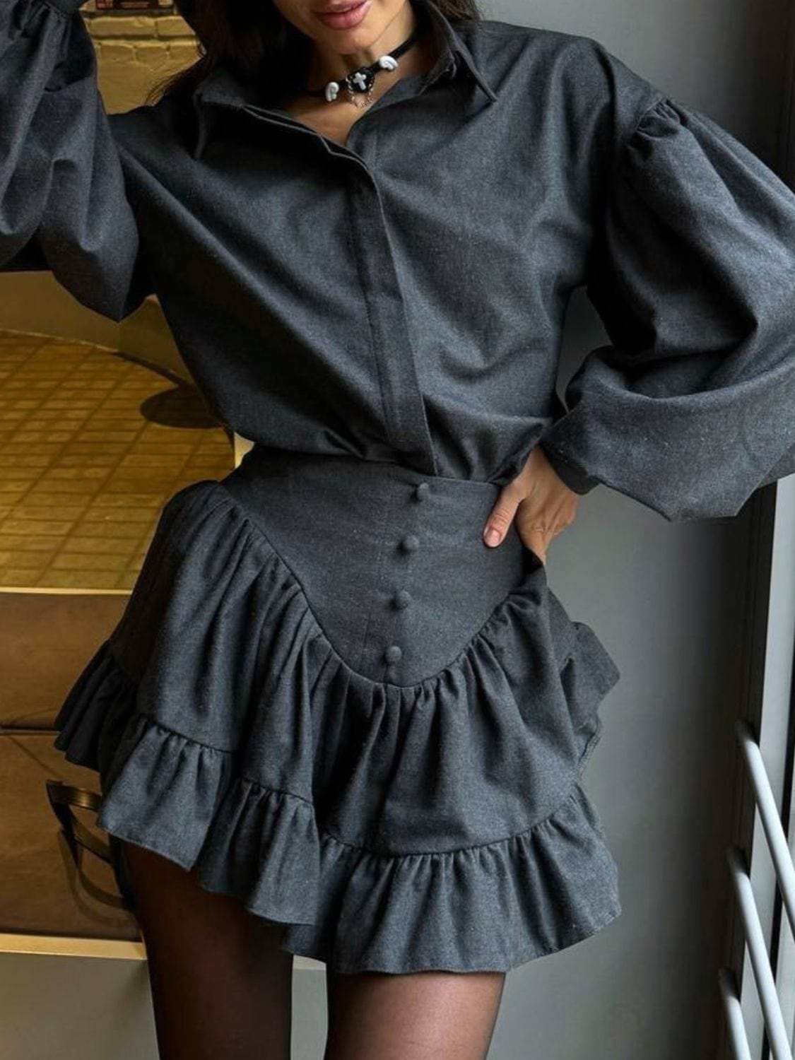 Lantern Sleeve Shirt and Ruffled Skirt Set - Trendsi - Flyclothing LLC