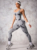 Back Crisscross Tie-Dye Scoop Neck Active Jumpsuit - Trendsi - Flyclothing LLC