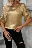 Metallic Luster Round Neck Frill 3/4 Sleeve Blouse - Trendsi
