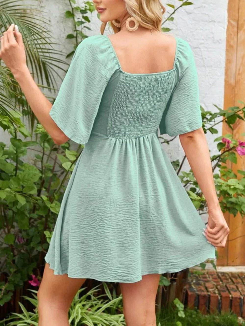 Smocked Back Knotted Flutter Sleeve Dress - Trendsi - Flyclothing LLC