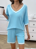 Contrast Trim V-Neck Top and Shorts Set - Trendsi - Flyclothing LLC