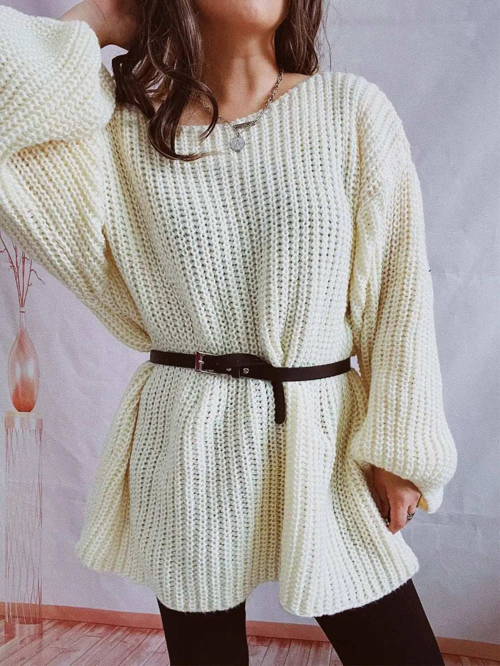 Boat Neck Long Sleeve Sweater with Belt - Trendsi - Flyclothing LLC