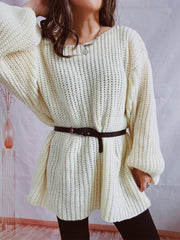 Boat Neck Long Sleeve Sweater with Belt - Trendsi