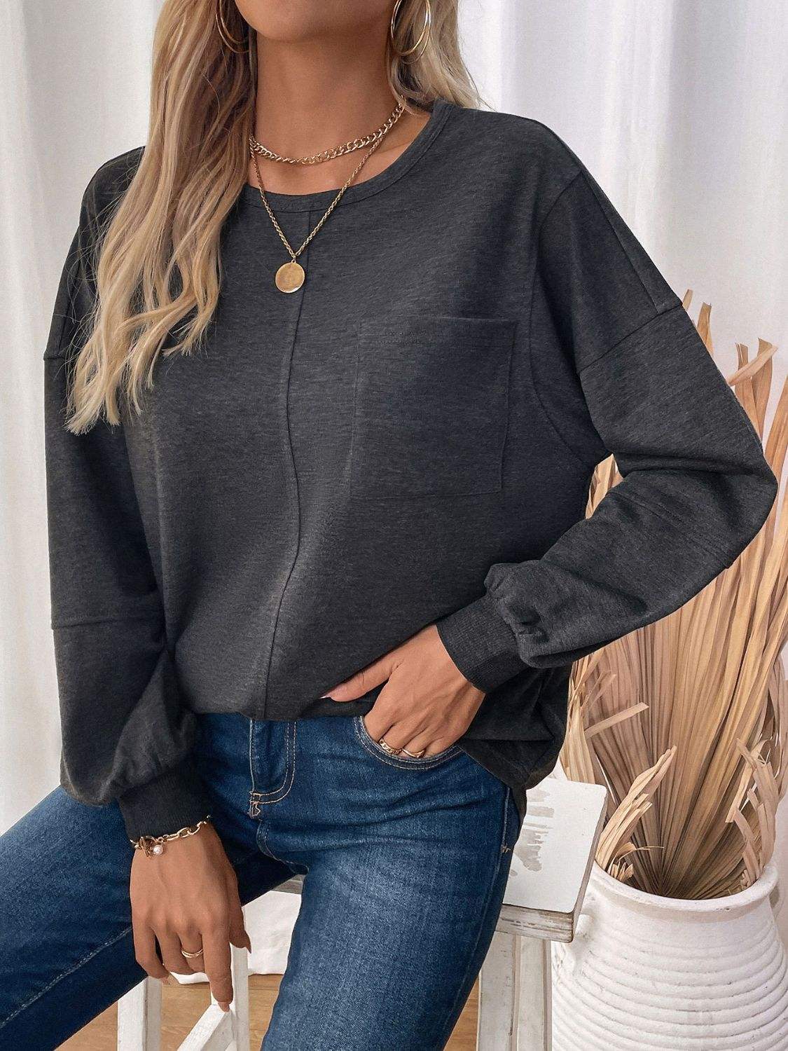 Perfee Pocketed Round Neck Long Sleeve Sweatshirt - Trendsi - Flyclothing LLC