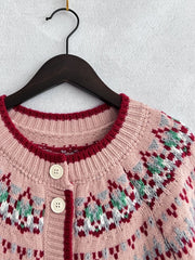 Contrast Geometric Round Neck Long Sleeve Cardigan - Trendsi